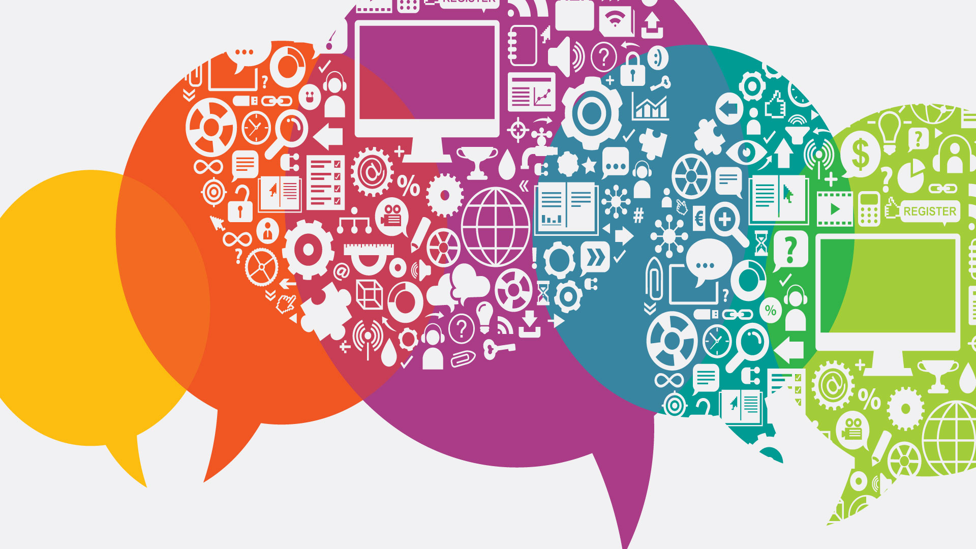 Colorful thought bubbles with technical development icons