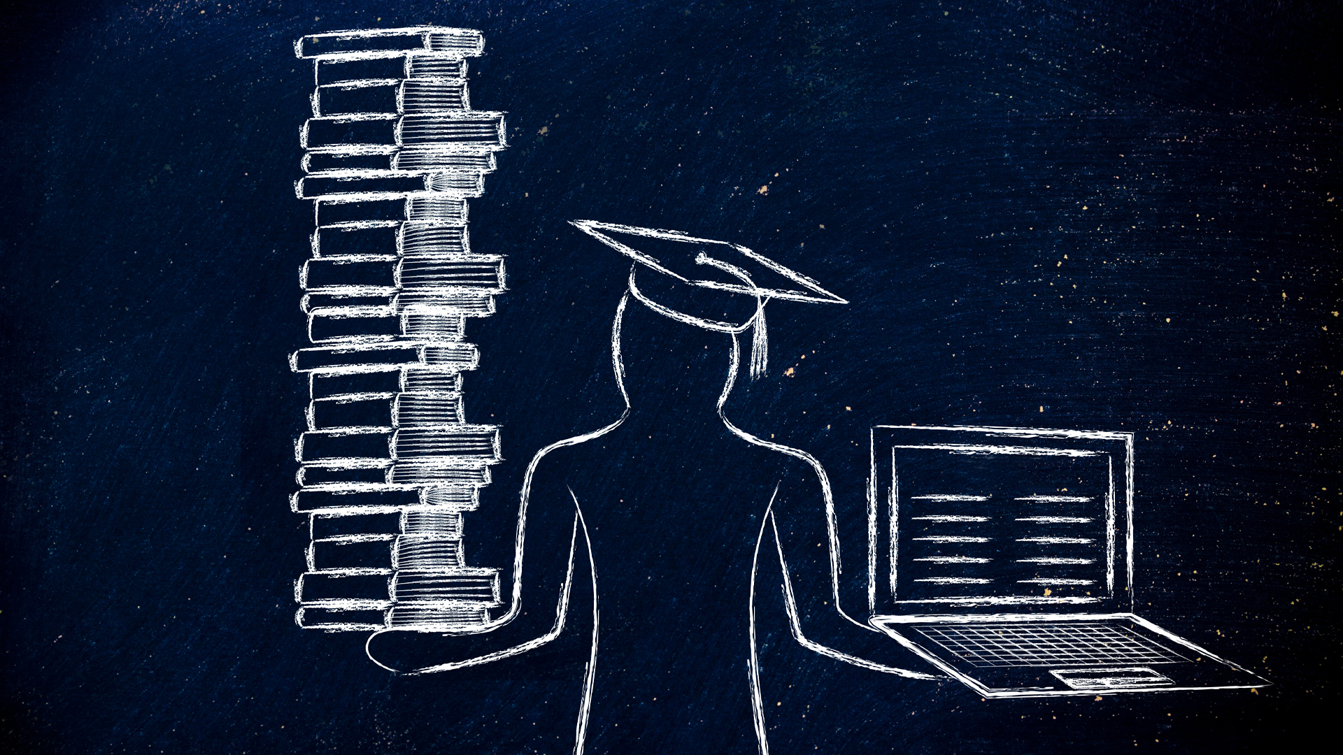 Line art student standing with books and laptop for dissertation proposal.