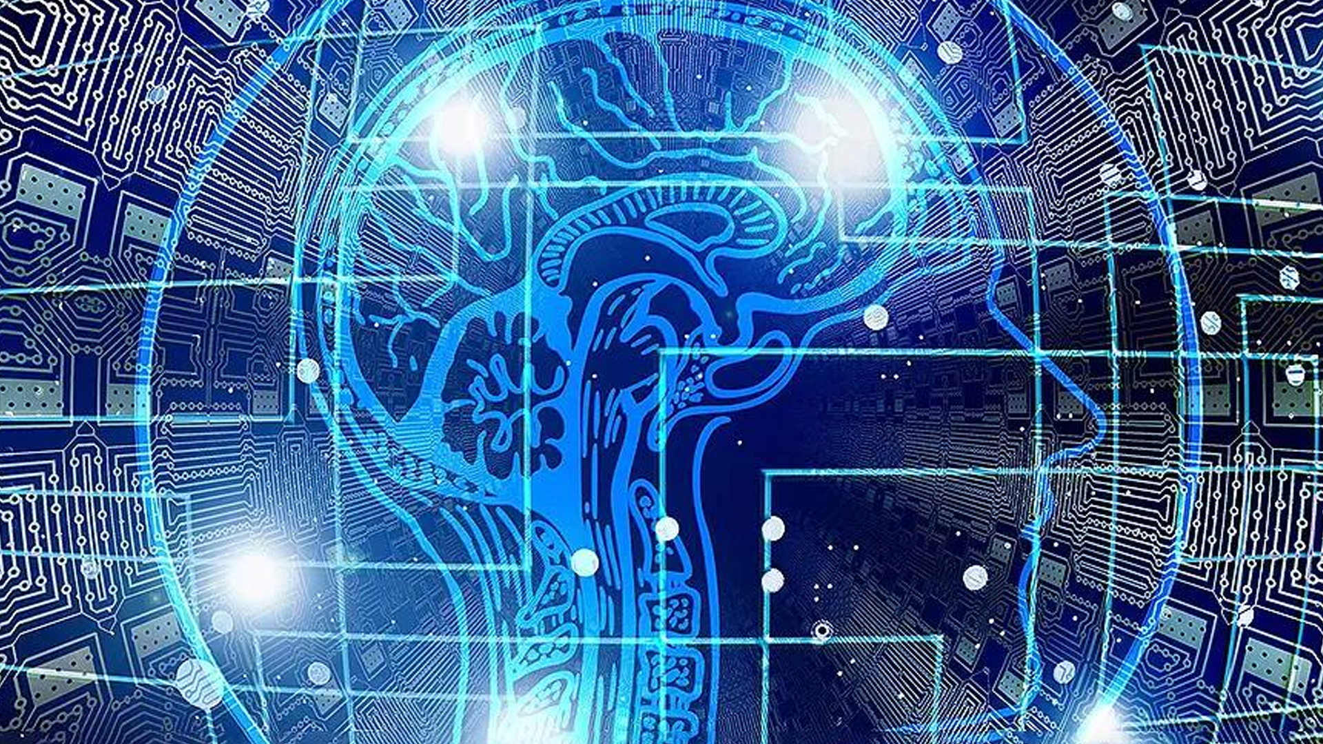 blue image with outline of human head and brain depicting artificial intelligence