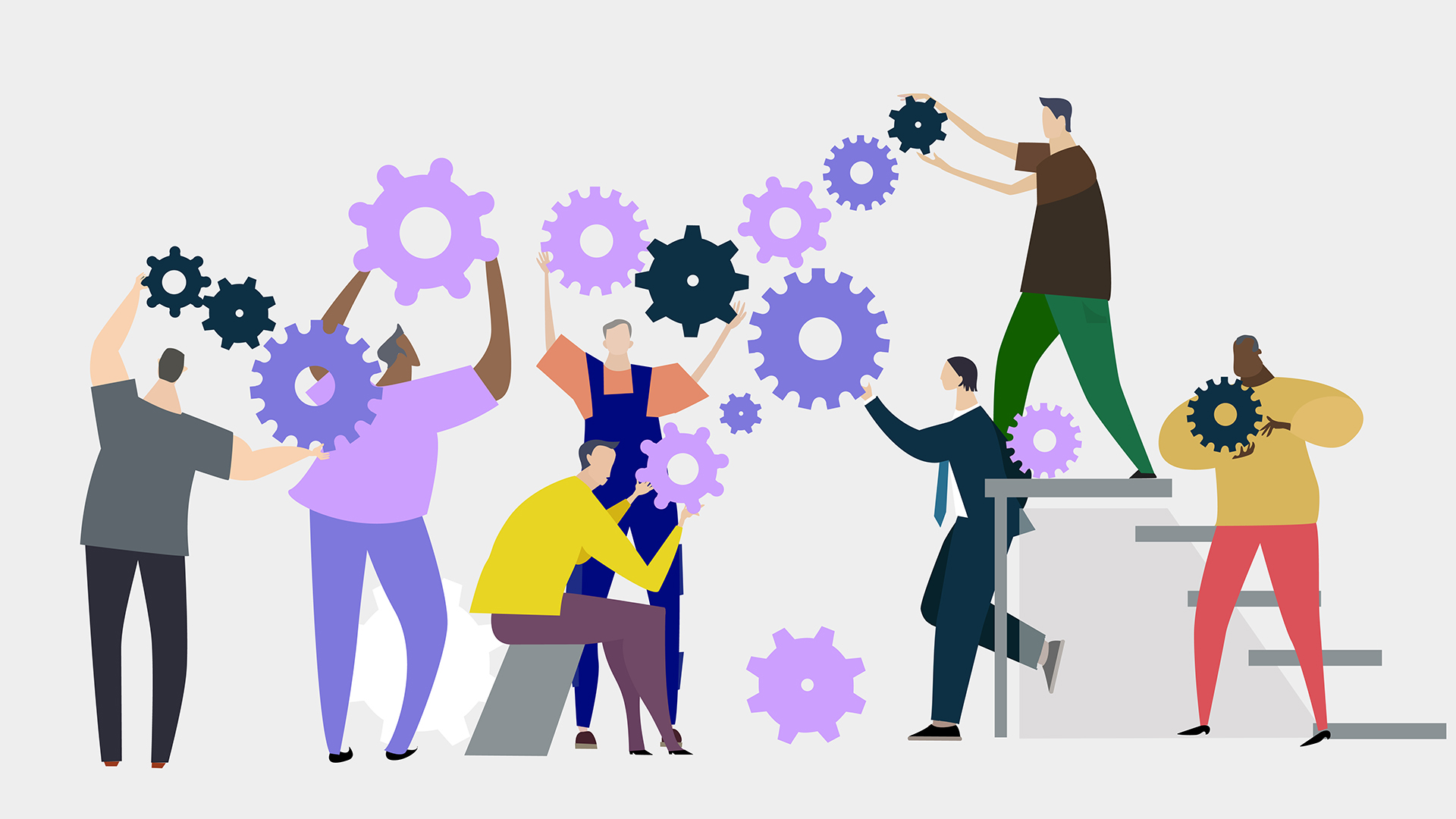 Group of people rolling the gears, representing working together concept.