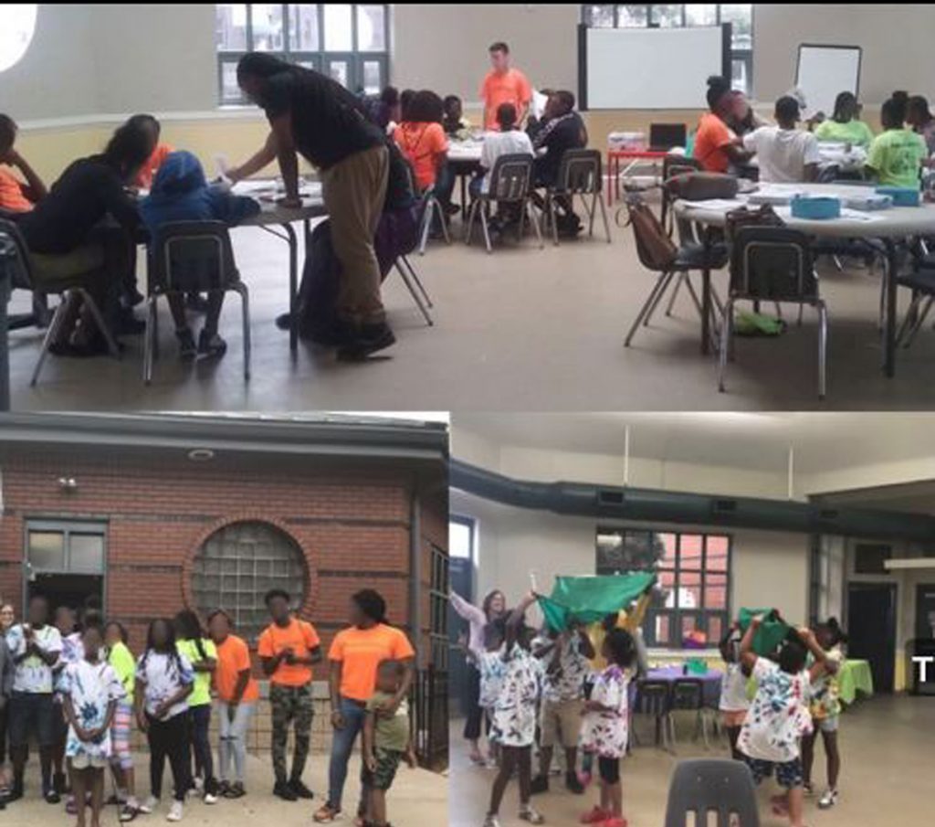 Photos of students being trained on electronic sensors to track heat and air pollution.