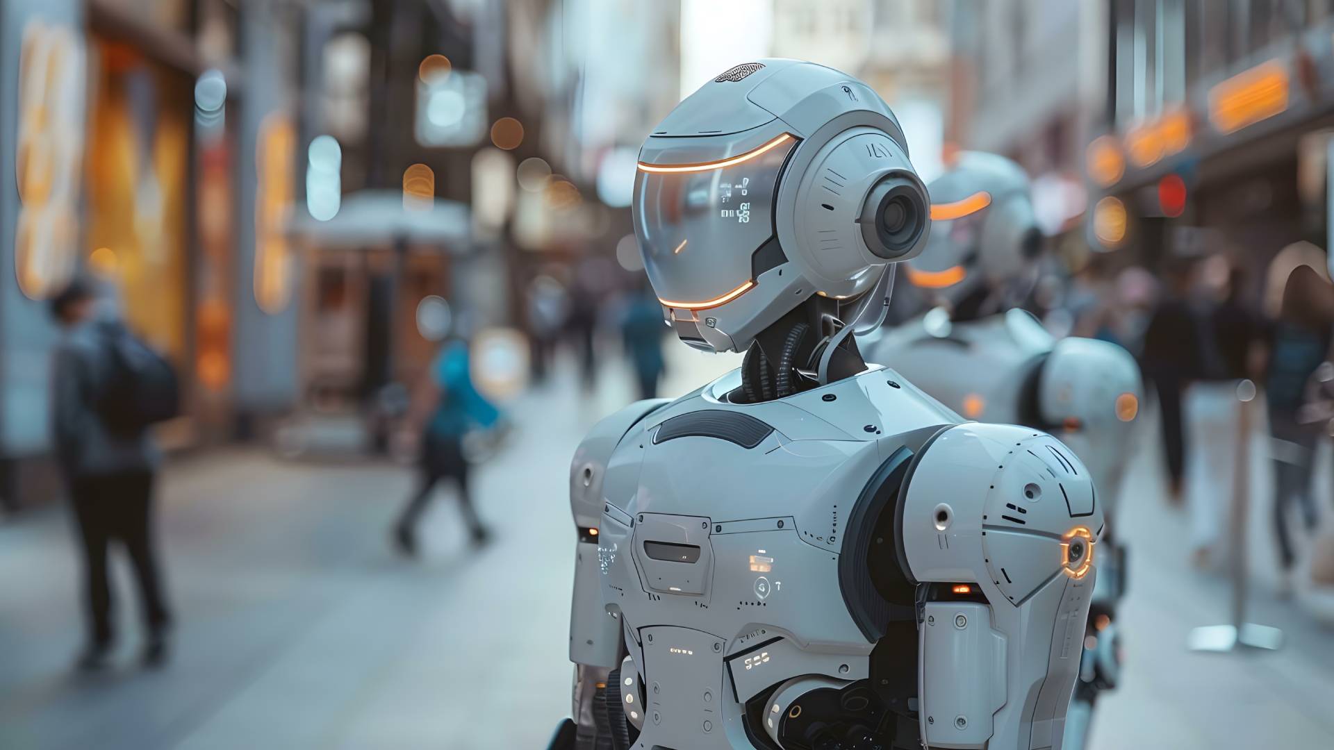 Robotic officers in futuristic sciencefiction setting patrolling city streets vigilantly . Concept Science Fiction, Futuristic Technology, City Surveillance, Robotic Law Enforcement