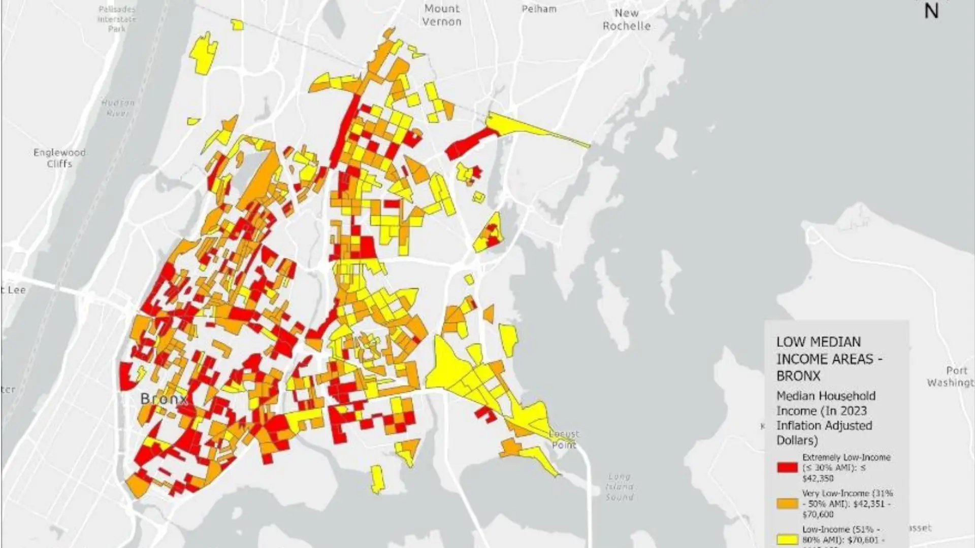 Map of Low Median income areas in the Bronx, NYC