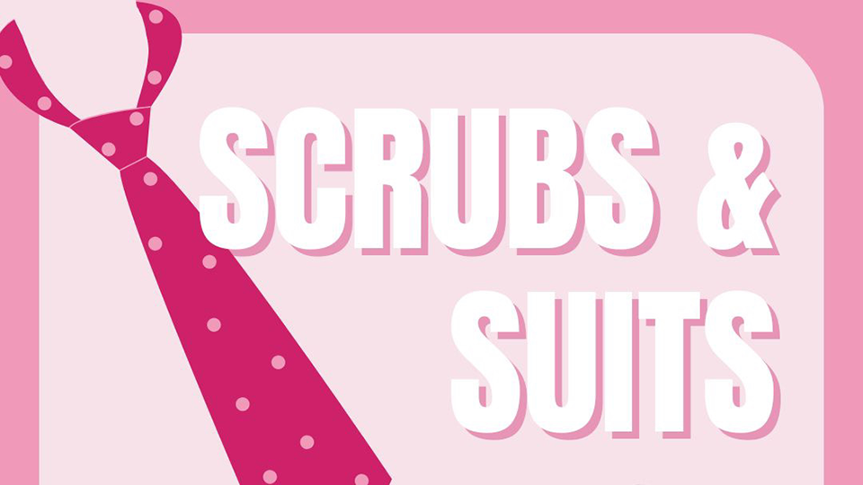 Event images for Scrubs and Suits, pink background with hot pink tie