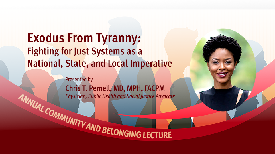 Community & Belonging 2026-Pernell-websitepromo. With headshot of Chris T. Pernell, a smiling woman with short dark curly hair