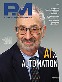 Marc Pfeiffer featured on the cover of the Feb 2026 ICMA Public Management magazine cover with an article on AI and Automation